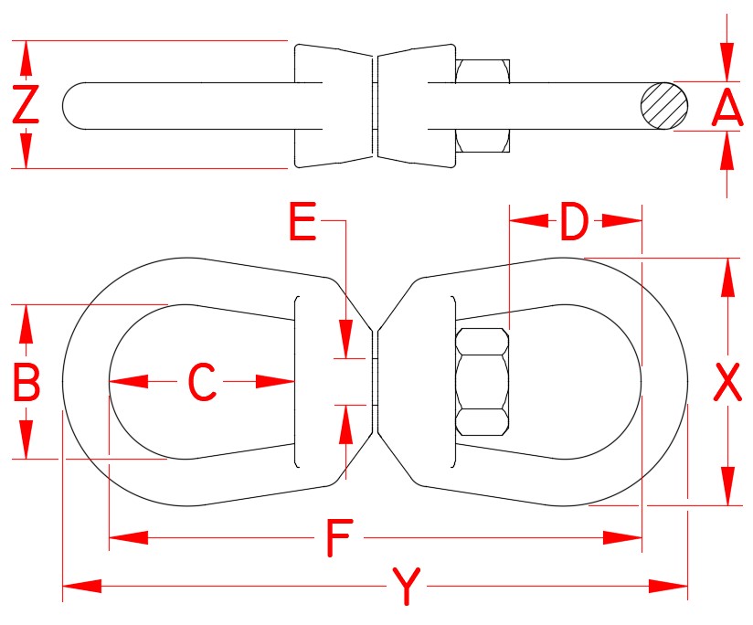 Stainless Steel Fed. Spec. Eye & Eye Swivel, Fed. Spec.: RR-C-271F Type VII, Class 2, S0128-FS07, S0128-FS10, S0128-FS13, S0128-FS16, Line Drawing